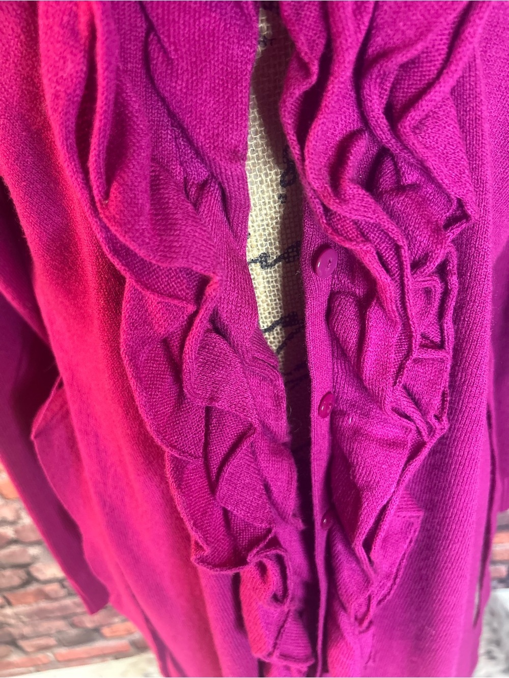 New York & Company Fuchsia Ruffled Open-Front Cardigan - Picture 3 of 7